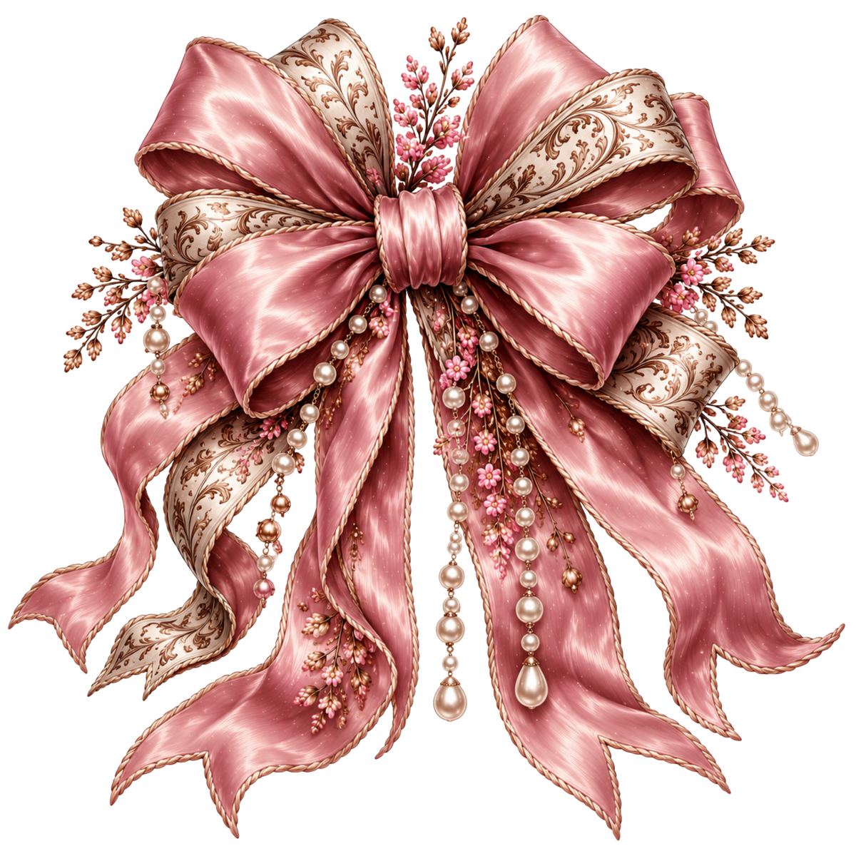 4” Bow - Pink Silk, Tooled, Beads -1