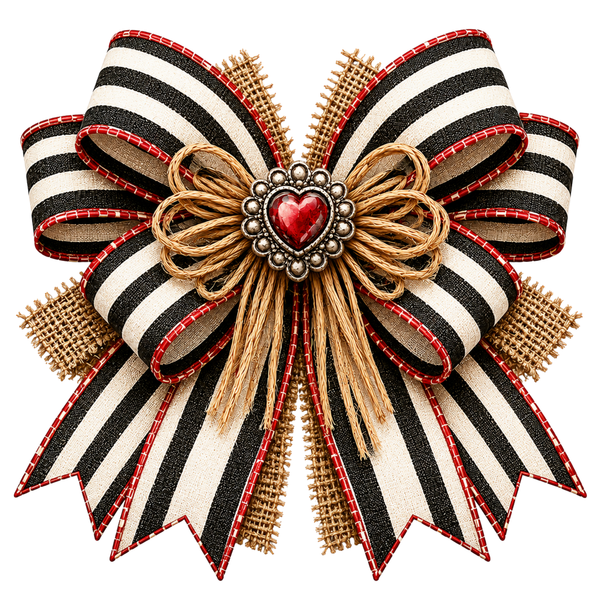 4” Bow- Black/White Stripe/Burlap/Raffia