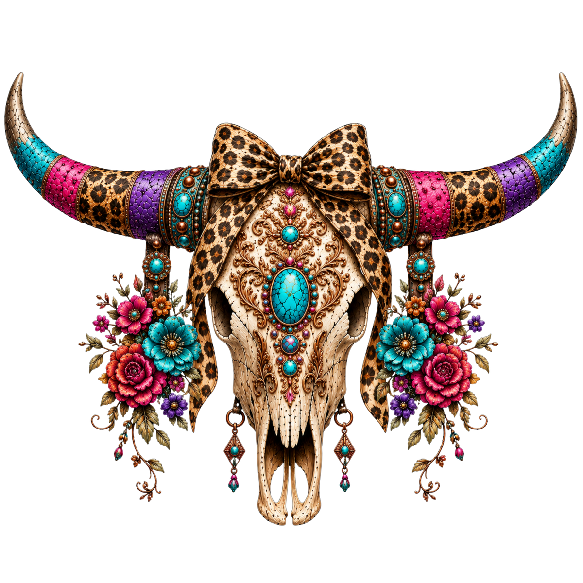 4 Inch - Boho Skull with Leopard Bow/Floral/Dangles - 9