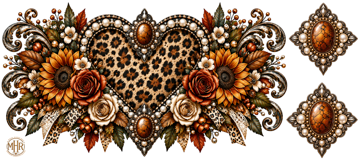 16 Oz - Leopard Heart with Floral and Cabachons