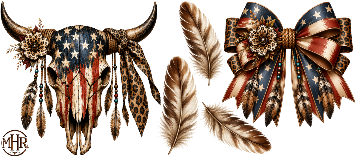16 OZ Trio - Patriotic Skull with Feathers and Bow - 39