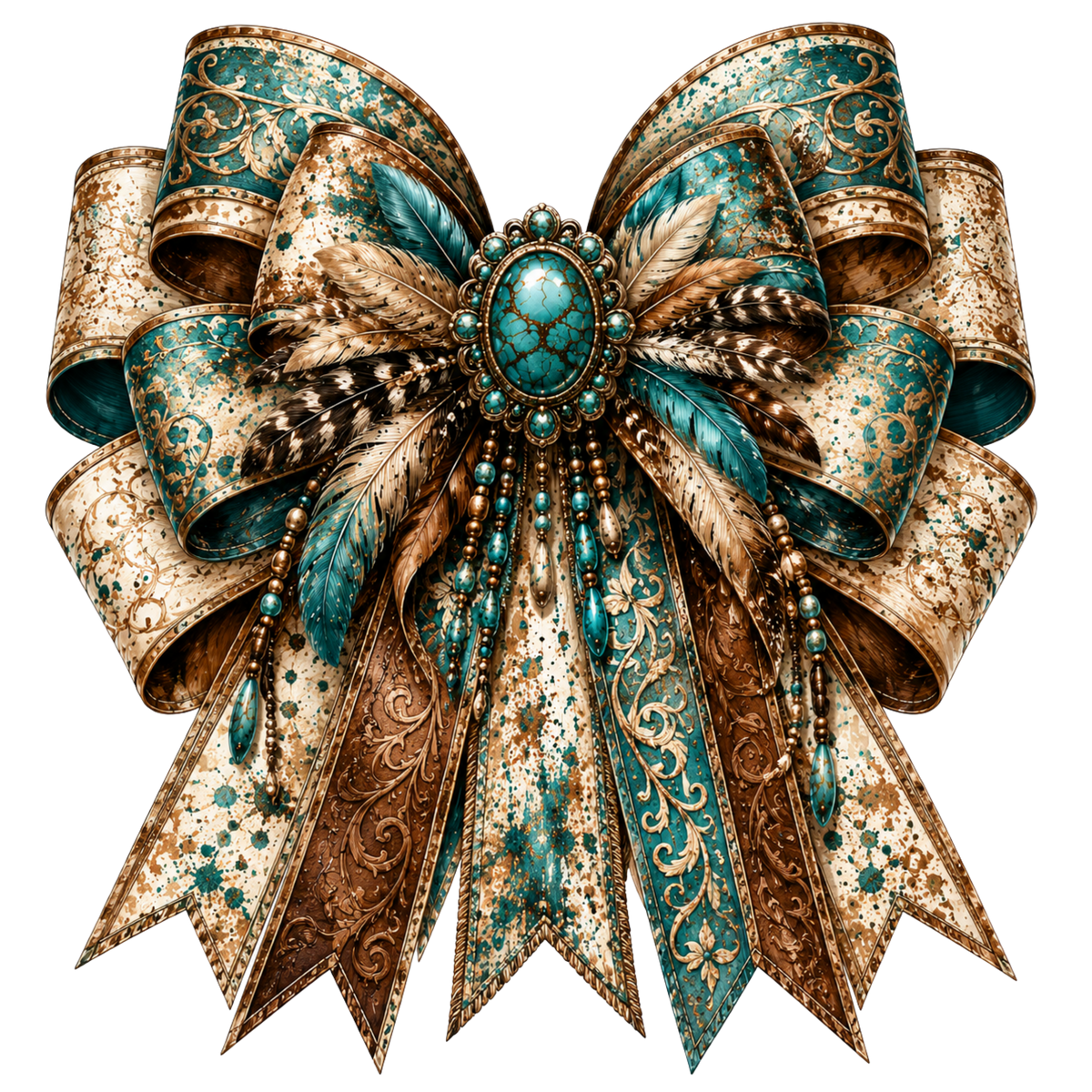 4” Bow - Patina, Turquoise, Feathers - 17
