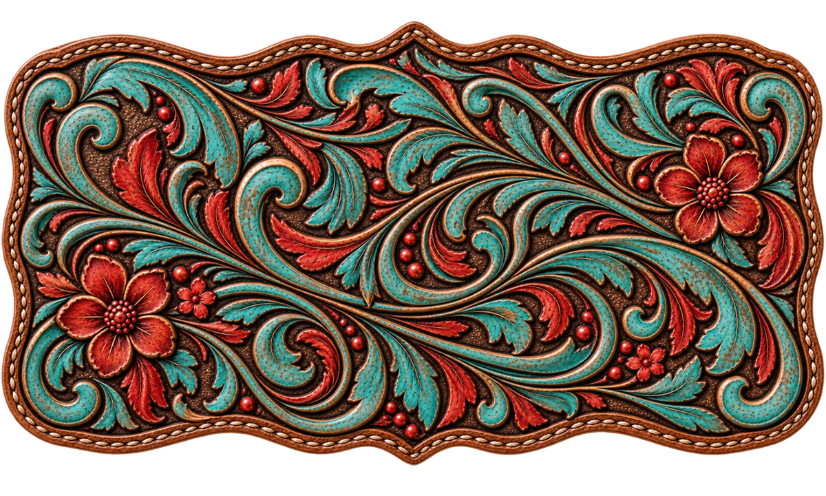 Tooled Leather Turquoise & Red – Trucker Hat DTF
