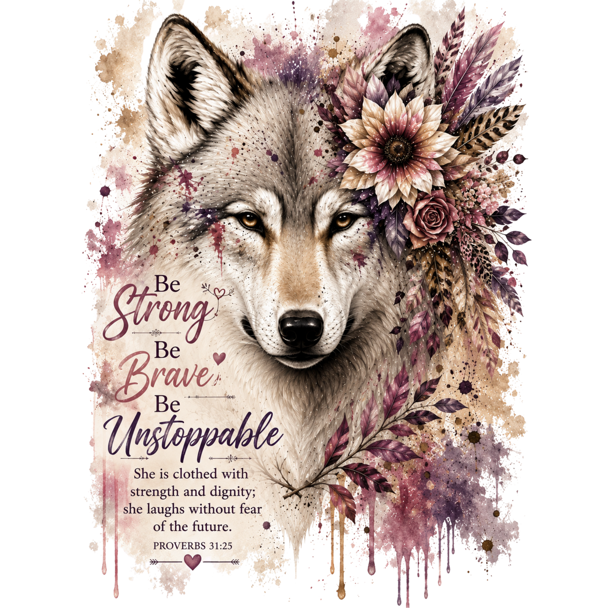 5” Decal - Wolf with Plum Florals Be Strong - 8