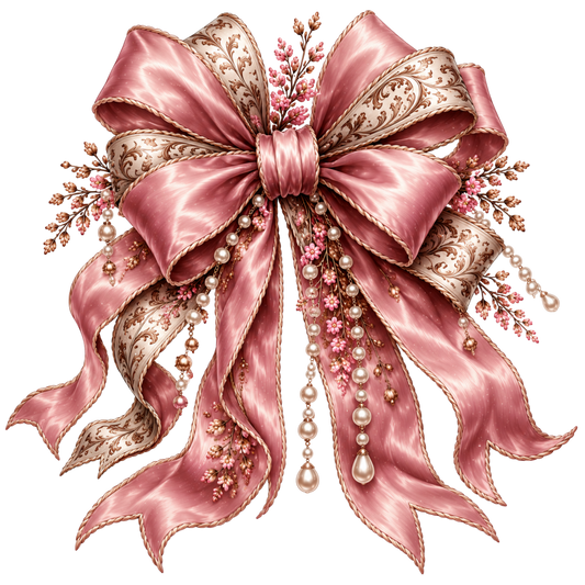 4” Bow - Pink Silk, Tooled, Beads -1