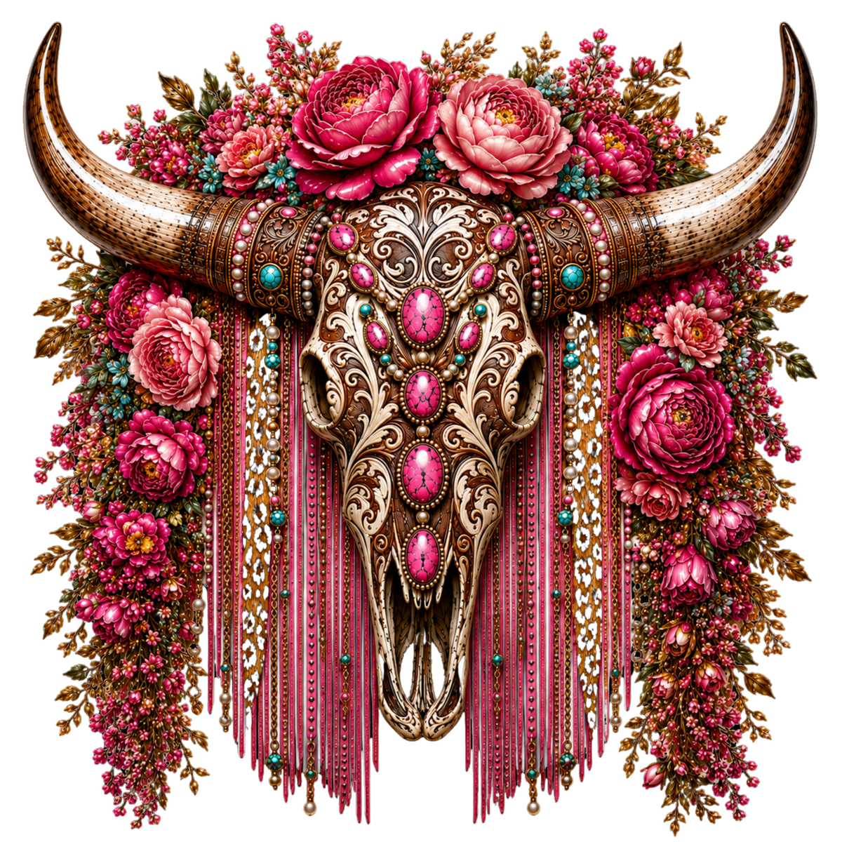 4” Decal - Brown Tooled Bull Skull w/ pink stones w/ Pink Floral