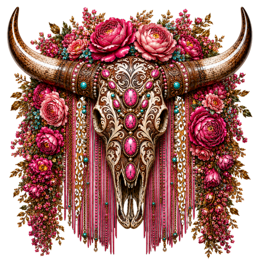 4” Decal - Brown Tooled Bull Skull w/ pink stones w/ Pink Floral