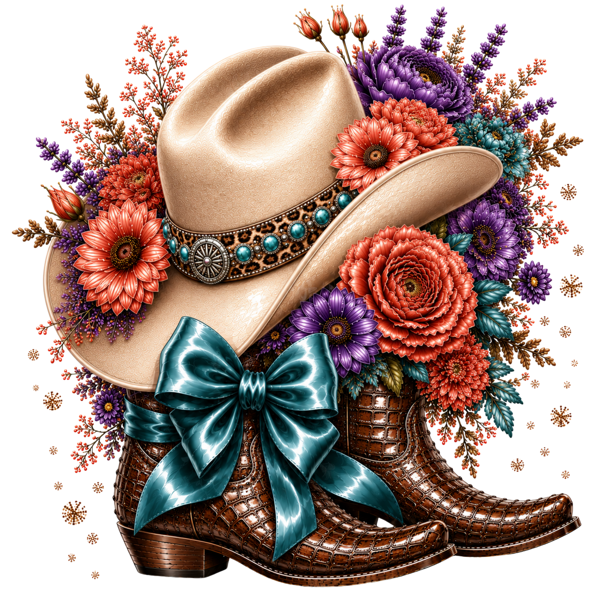 4” Decal,- Cayman Gator Boots with Floral/Teal Bow