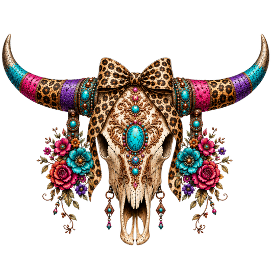 4 Inch - Boho Skull with Leopard Bow/Floral/Dangles - 9
