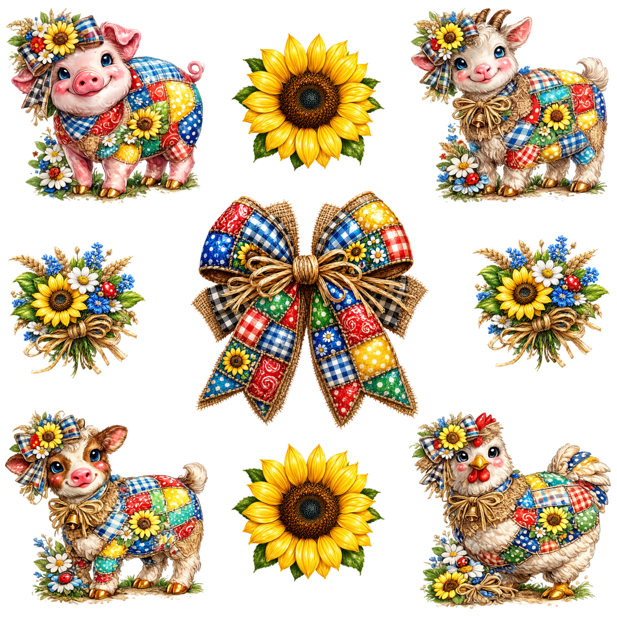Element Sheet - Patchwork Farm Animals w/ Sunflowers
