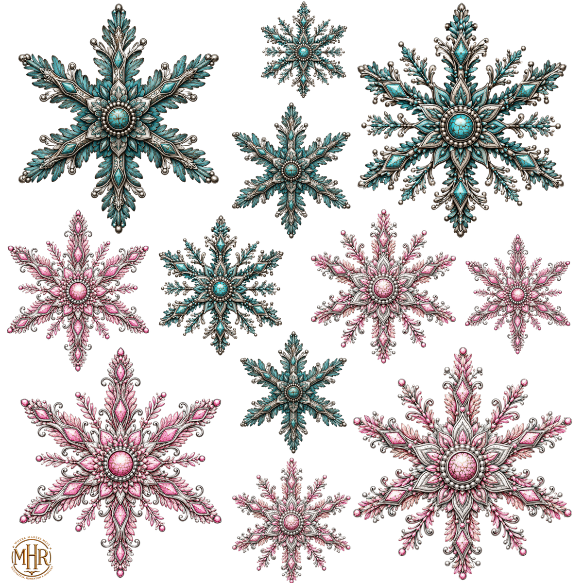 Element - Turquoise and Pink Snowflakes - 25