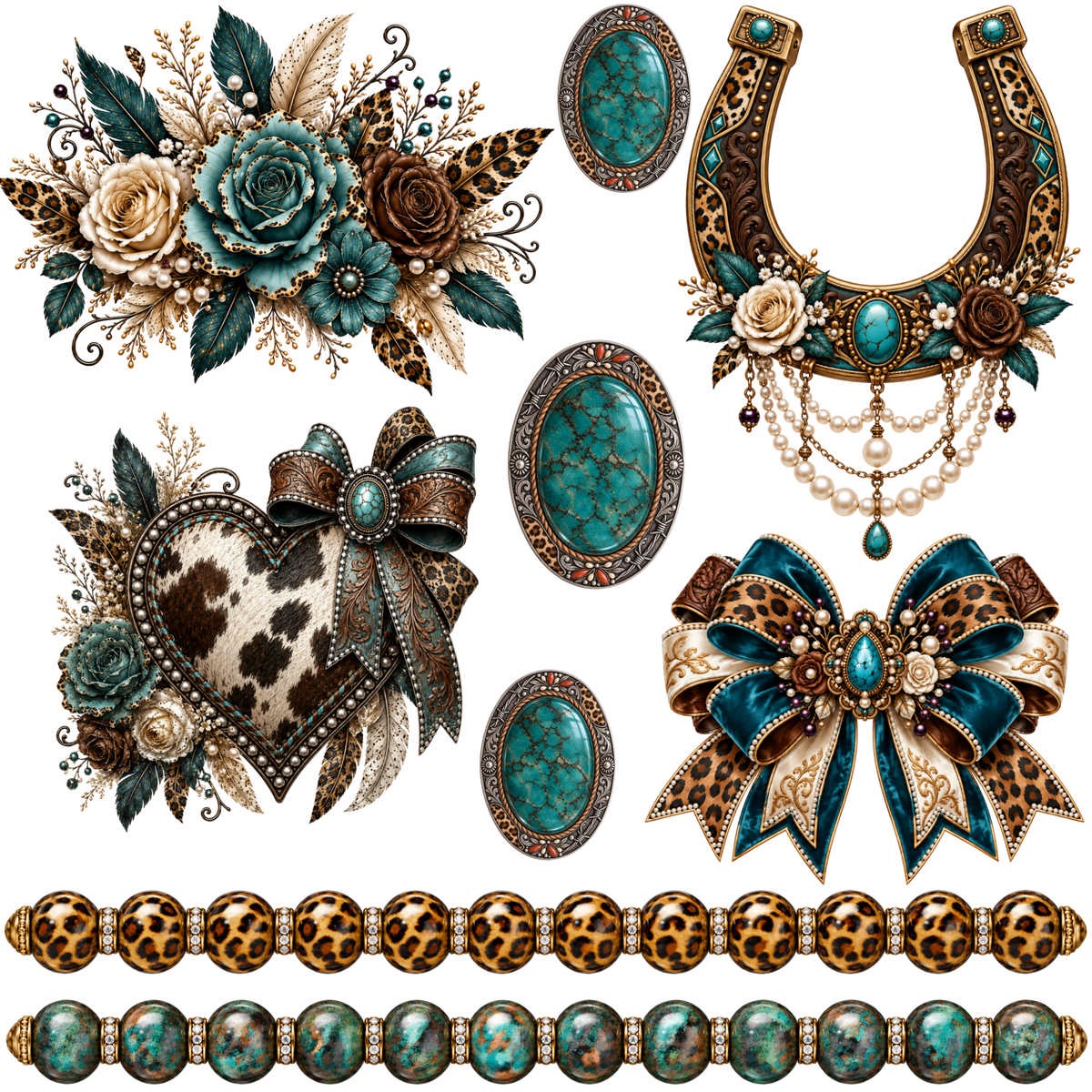 Element - Cowhide Heart, Horseshoe, Floral, Beads