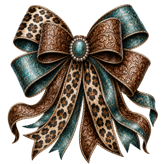 4” Bow - Leopard, Tooled, Turquoise- 8