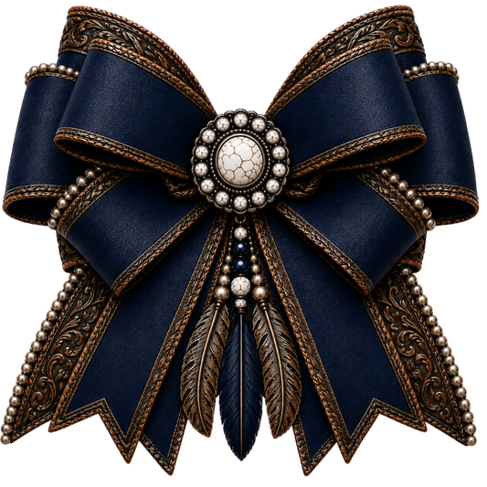 4 Inch Bow - Navy - Tooled Leather - White Buffalo