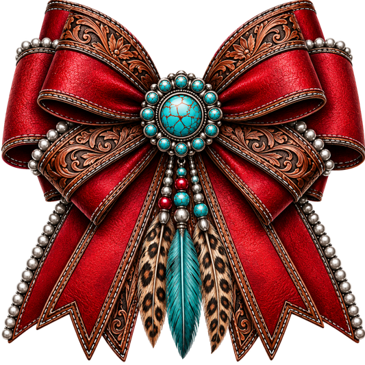 4 Inch Bow - Red - Leopard - Tooled Leather