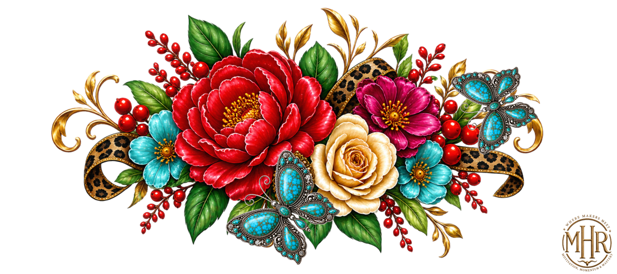 16 OZ Wrap - Vertical Floral with Turquoise Butterflies