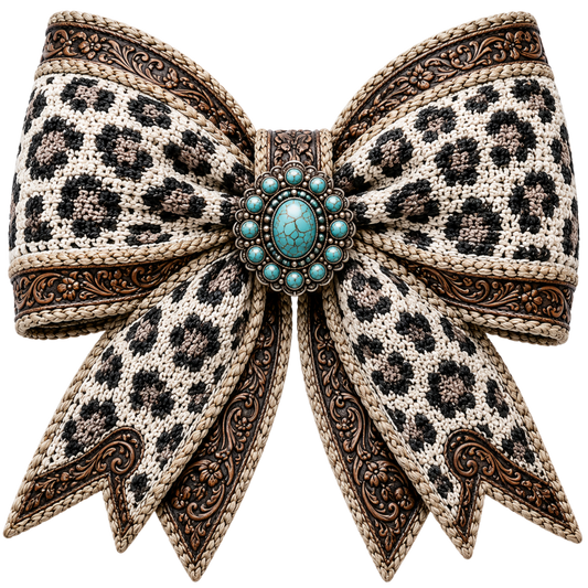 4 Inch Bow - White Leopard - Tooled Leather
