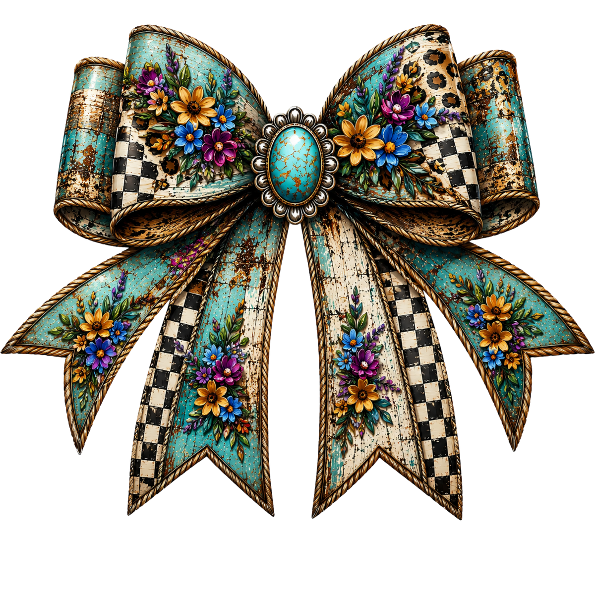 4” Bow - Floral, Checkered, Turquoise - 23