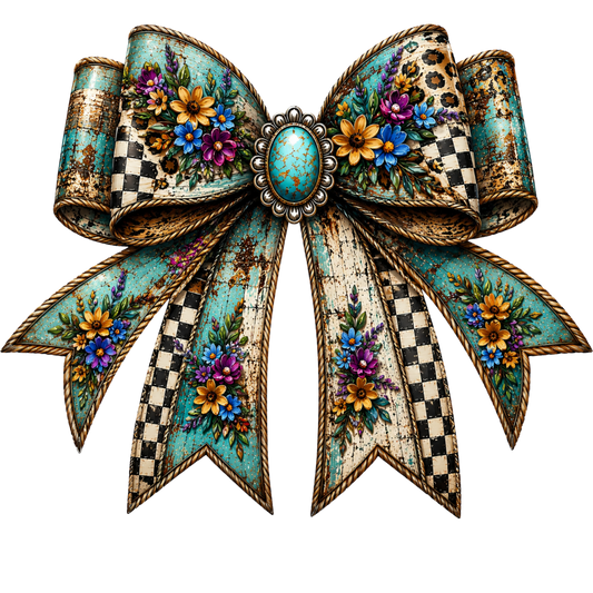 4” Bow - Floral, Checkered, Turquoise - 23