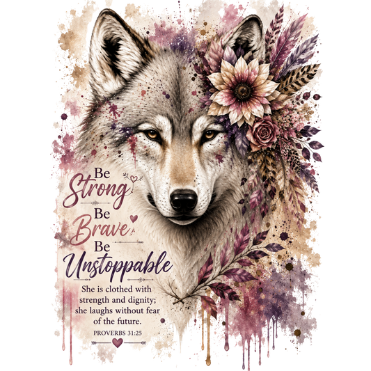 5” Decal - Wolf with Plum Florals Be Strong - 8