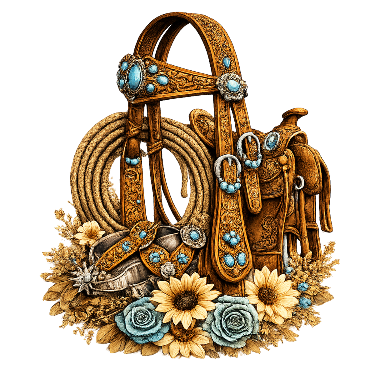 5" Decal - Tooled Saddle/Headstall//Rope with Turq/Yellow Floral