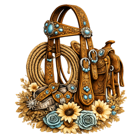 5" Decal - Tooled Saddle/Headstall//Rope with Turq/Yellow Floral