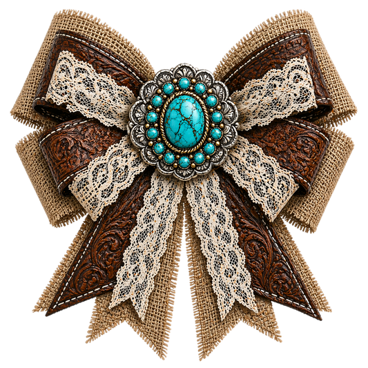 4" Bow - Tooled/Burlap/Lace/Turquoise