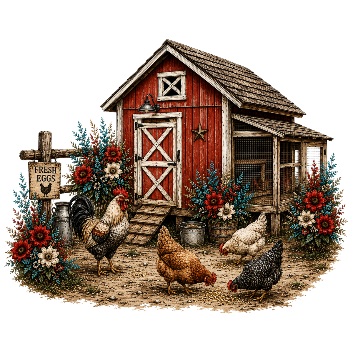5" Decal - Red Barn Chicken Coop w/ Floral
