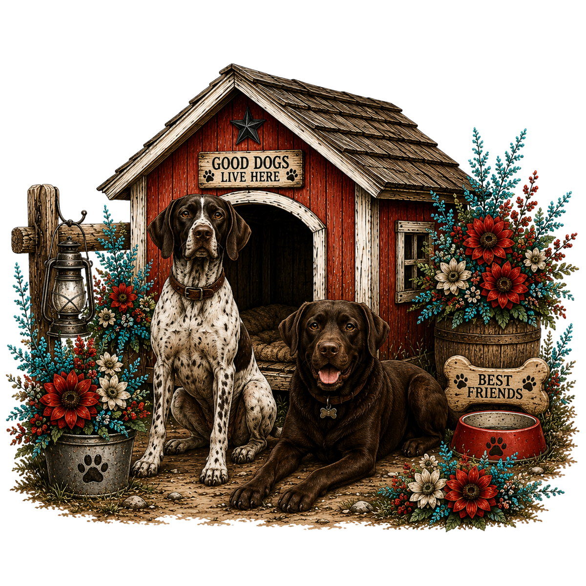 5" Decal - Sitting Pointer with Lab Laying Down by House