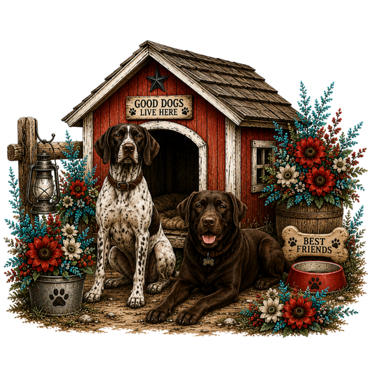 5" Decal - Sitting Pointer with Lab Laying Down by House