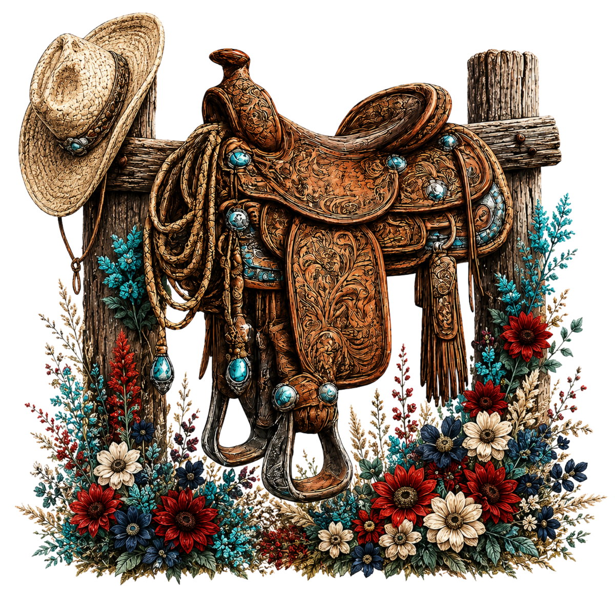 5" Decal - Saddle on a Fence w/ Navy, Turq, Cream, Red Floral