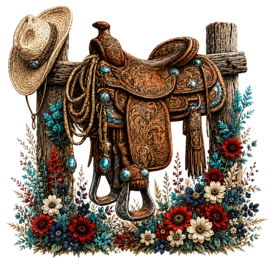 5" Decal - Saddle on a Fence w/ Navy, Turq, Cream, Red Floral